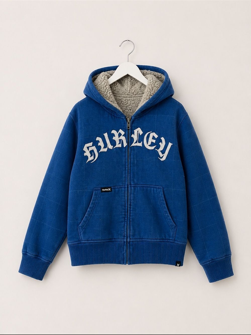 Hurley Blue Plaid Sherpa Lined Full Zip Gothic Spellout Hoodie Jacket Boys 4/5